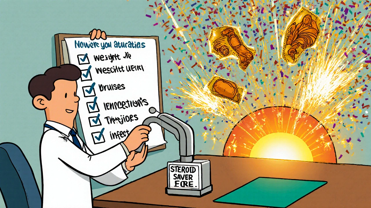 A doctor activates a 'steroid saver' device as DMARDs rain down and a patient floats toward a healthy lifestyle.