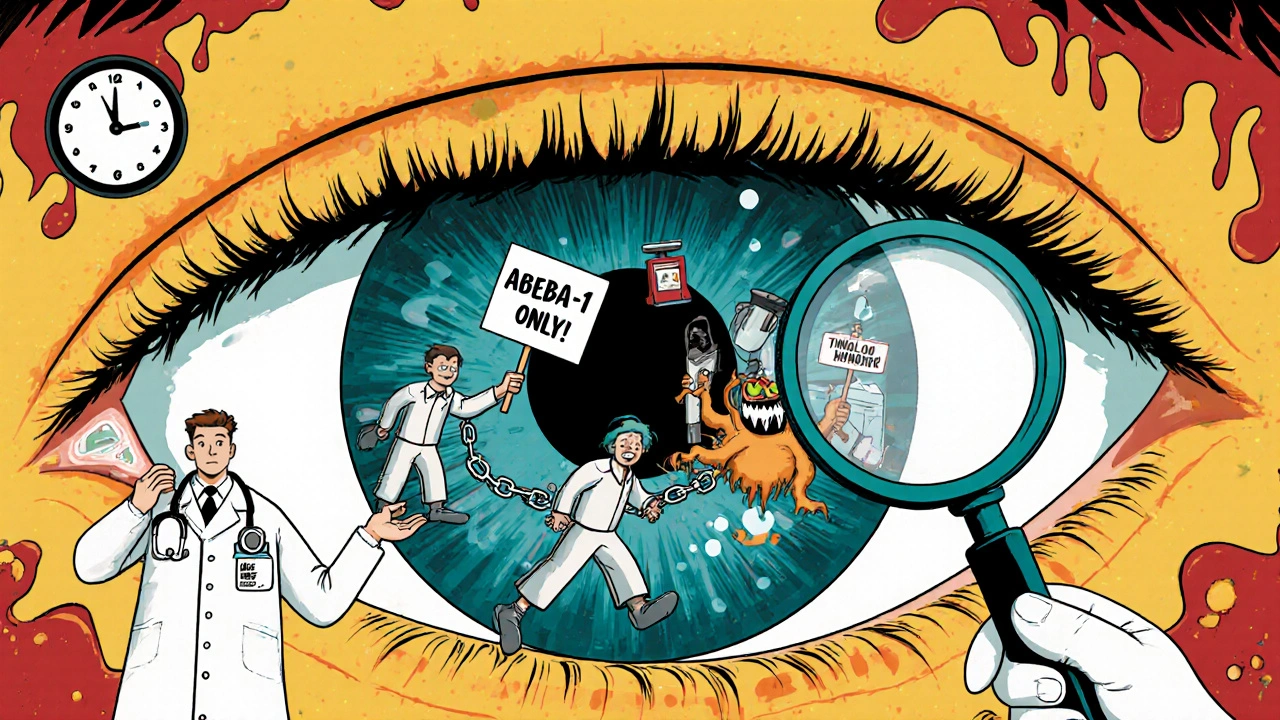 A doctor observing a tiny factory inside an eye shutting off fluid production, with a &#039;Timolol&#039; monster being ejected.