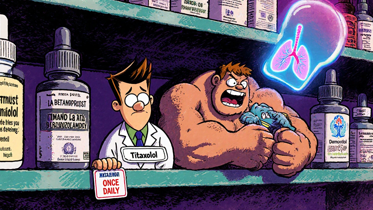 A pharmacy shelf with personified eye drop bottles, where betaxolol is a nerdy hero among other glaucoma drugs.