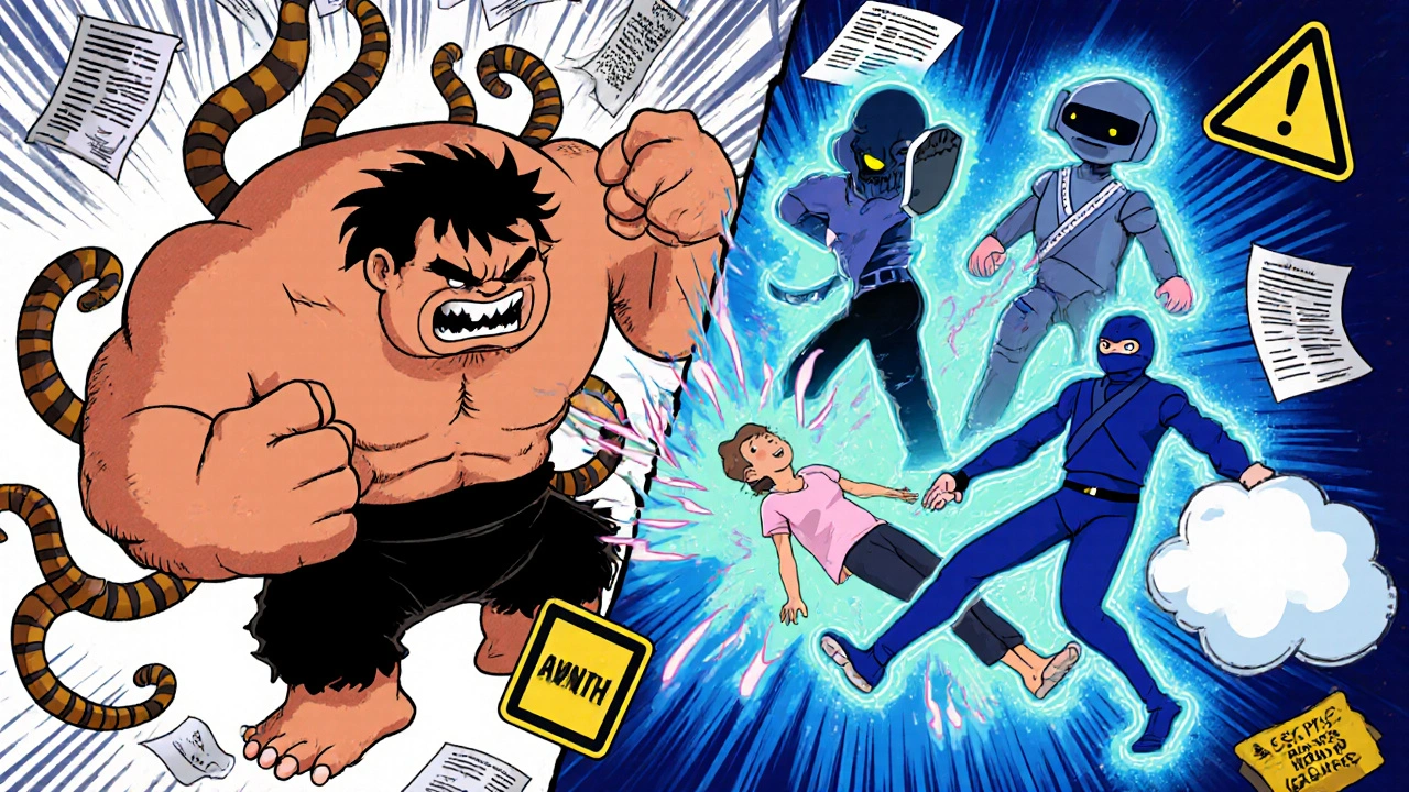 A steroid monster battles a team of medical alternatives trying to rescue a patient in a cartoon battle scene.
