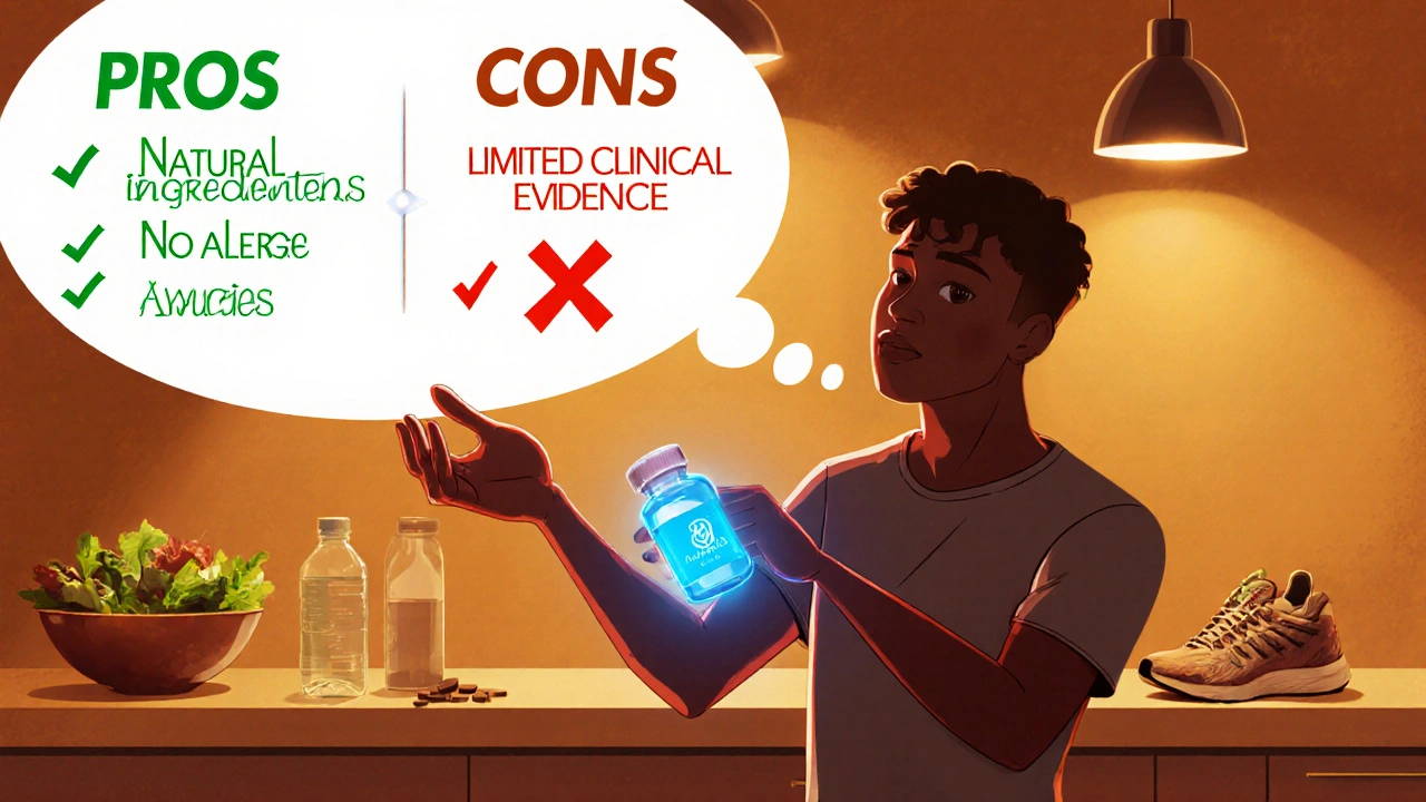 Adult in kitchen holding Ayurslim capsule, thought bubble lists pros and cons.