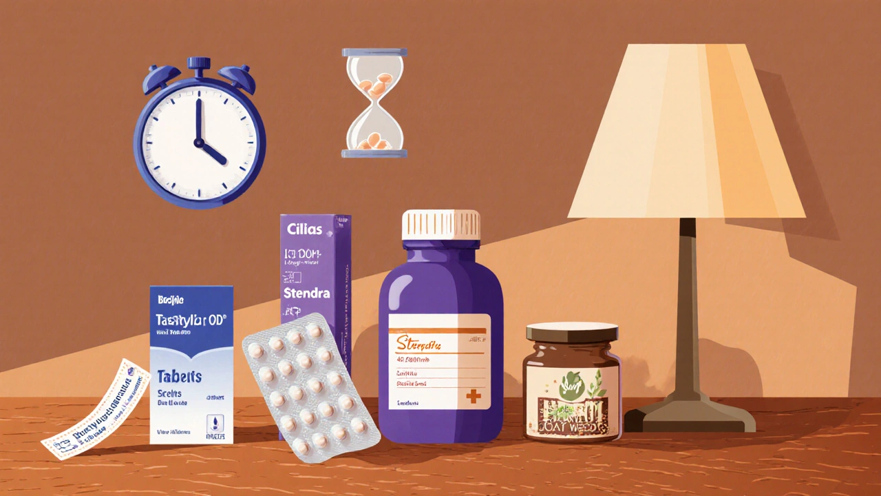 Assorted ED products—strip, tablets, capsules—arranged on a table with timing icons.