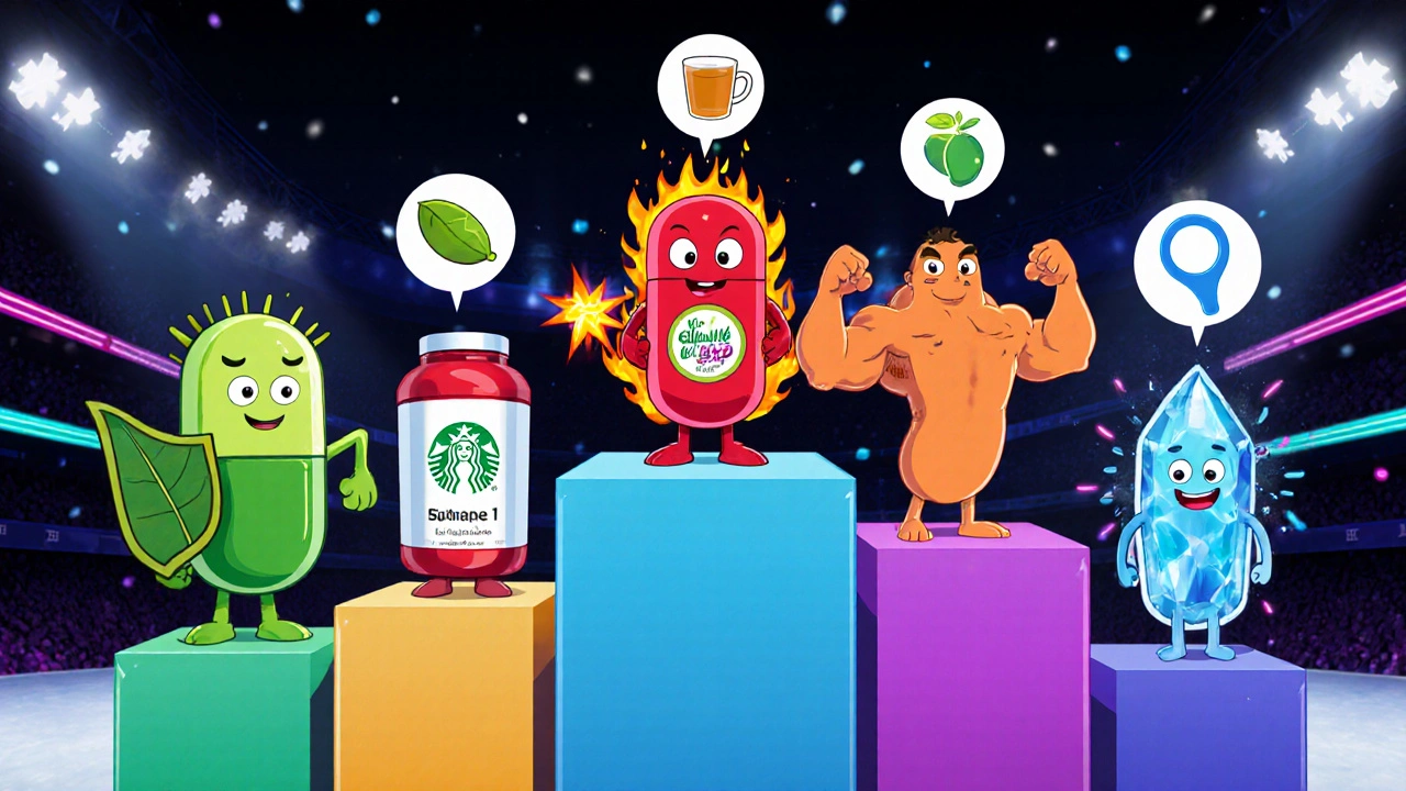 Cartoon arena showing six supplement characters, each with ingredient icons.