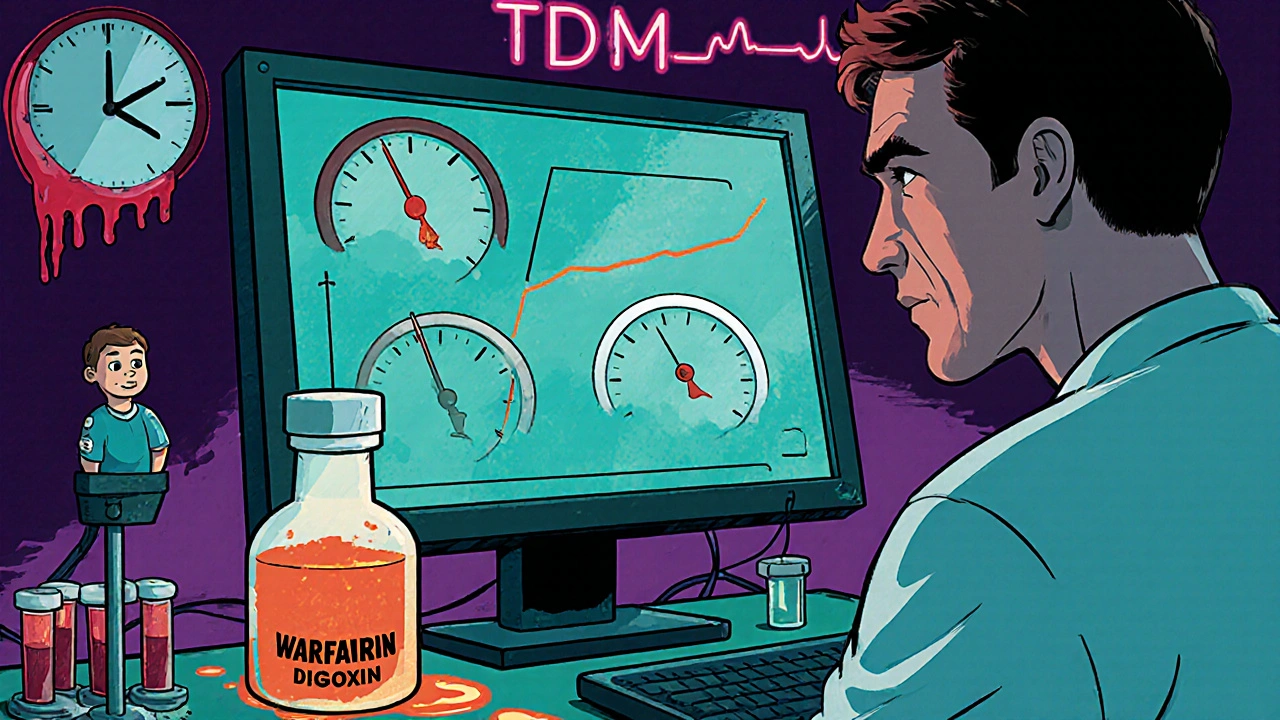 Cartoon doctor monitoring warfarin, digoxin, and lithium levels on a warped therapeutic window graph.