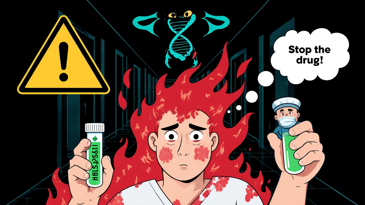 Cartoon patient with severe rash, DNA helix warning, and a penicillin capsule monster indicating an immune reaction.