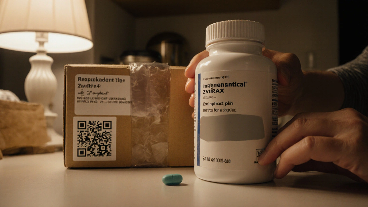 Close‑up of opened parcel revealing a sealed generic Zovirax bottle being inspected.