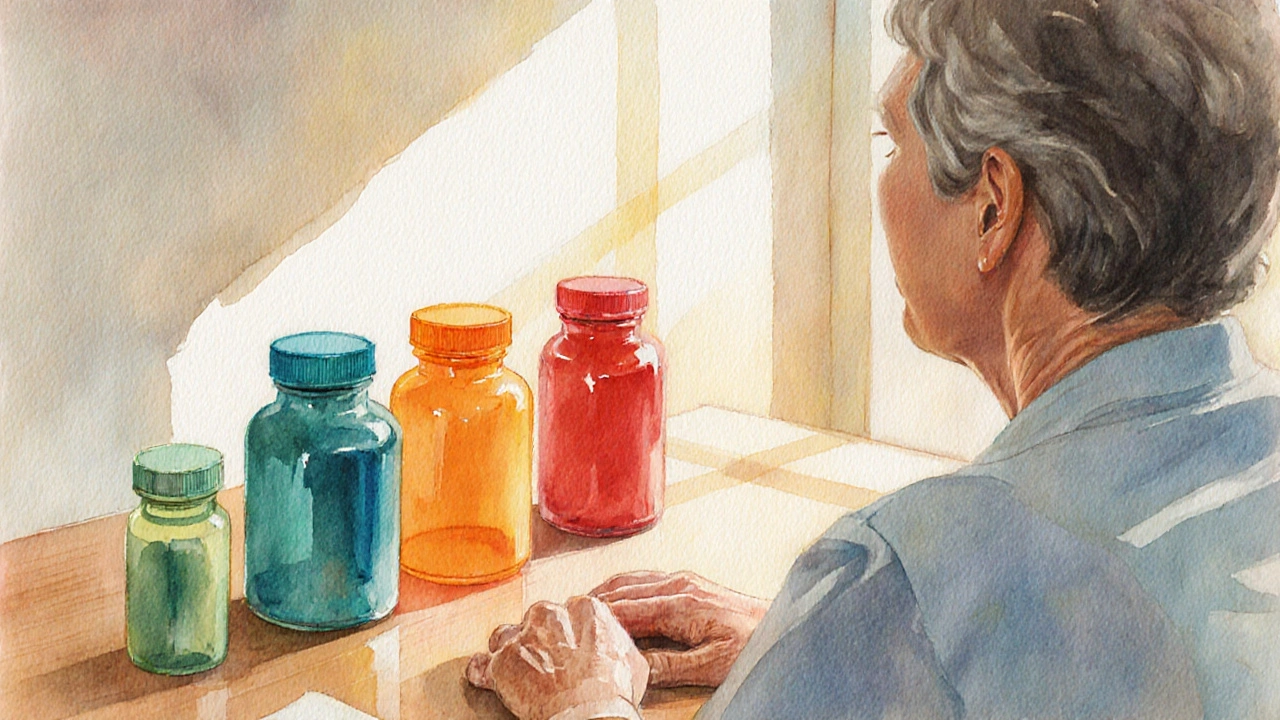 Doctor&#039;s desk with four colored pill bottles as patient discusses diuretic options.