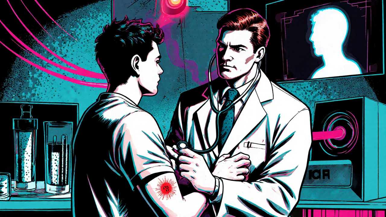 Doctor inspecting teen with petechial rash, lab equipment and emergency vibe.