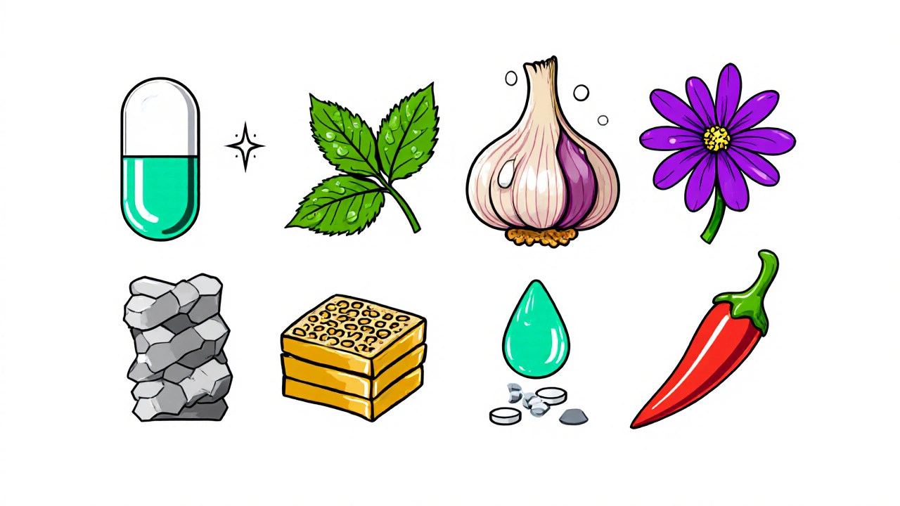 Eight cartoon icons representing lysine, lemon balm, garlic, echinacea, propolis, zinc, tea tree oil, and cayenne pepper.