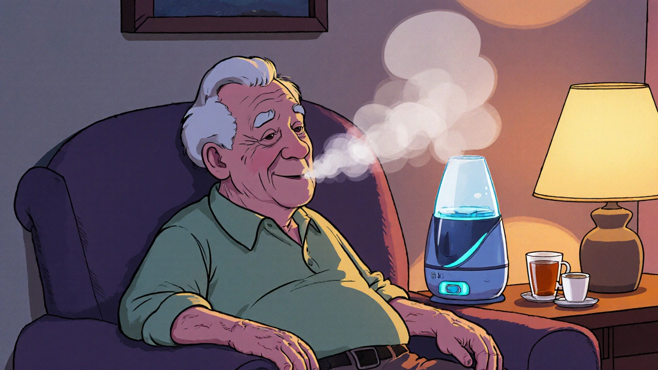 Elderly person using humidifier and saline spray to manage sneezing.