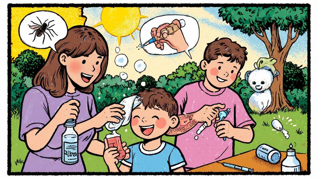 Family giving cool compress, fluids, and lotion, with prevention items nearby.