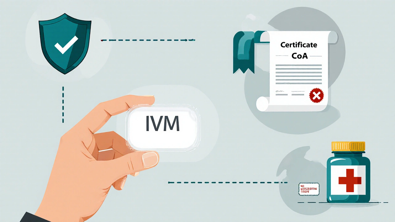 Hand holding ivermectin tablet surrounded by safety icons: shield, certificate, box, prescription.