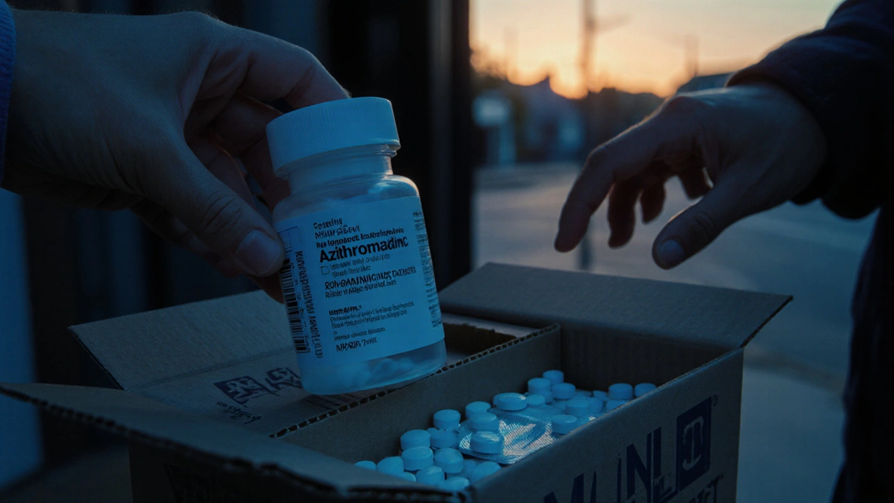 Hand inspecting a delivered azithromycin bottle with seal and label against a twilight doorstep.