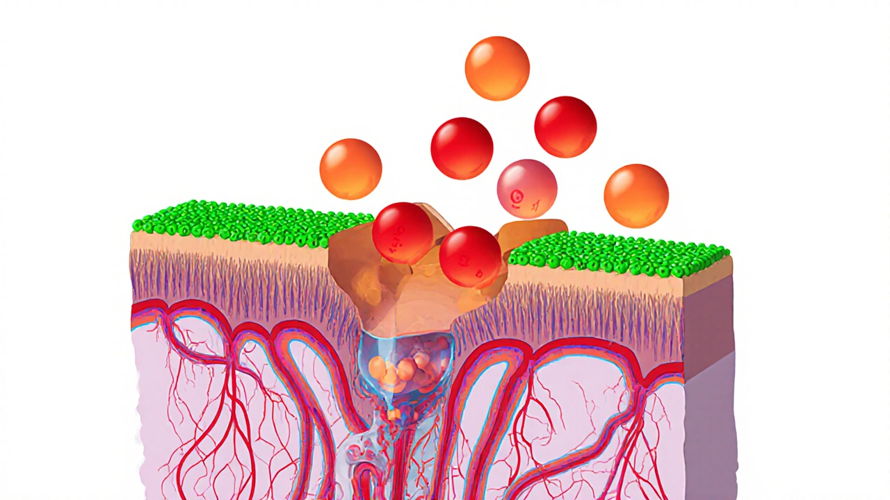 Illustration of intestine cells with ezetimibe blocking cholesterol absorption at NPC1L1 receptors.