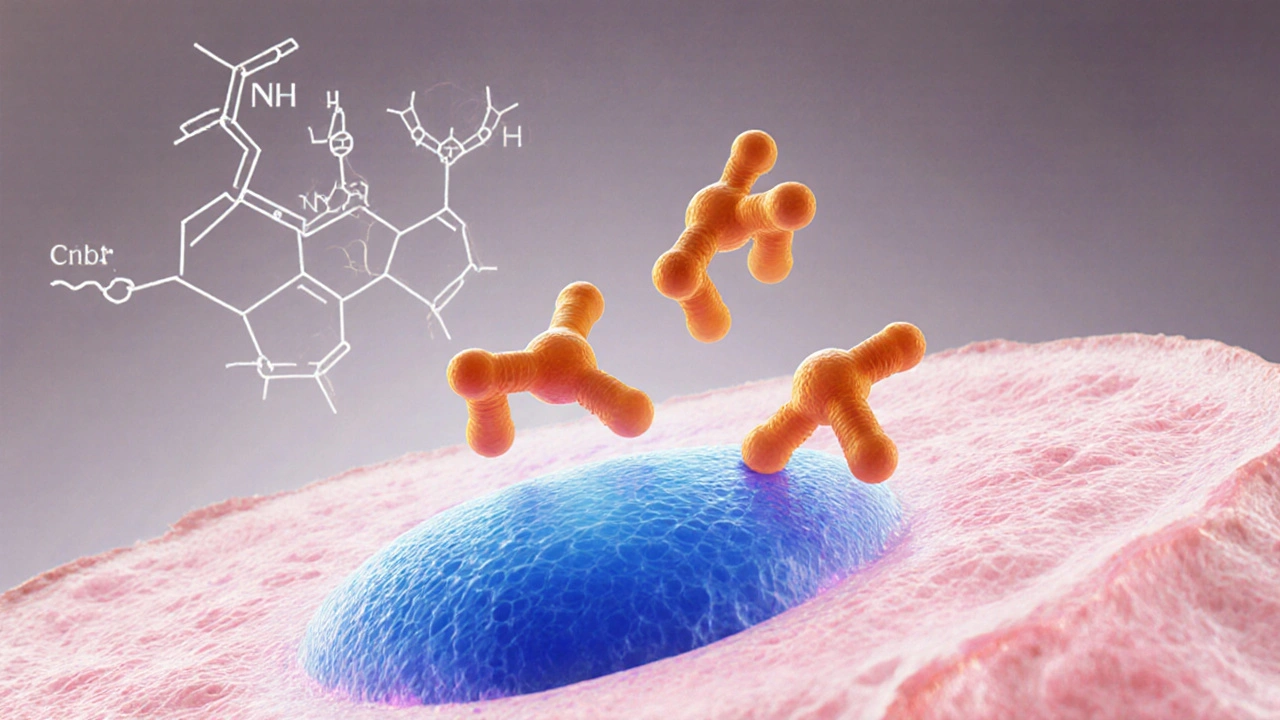 Illustration of tamoxifen molecules blocking estrogen receptors in a breast cell.