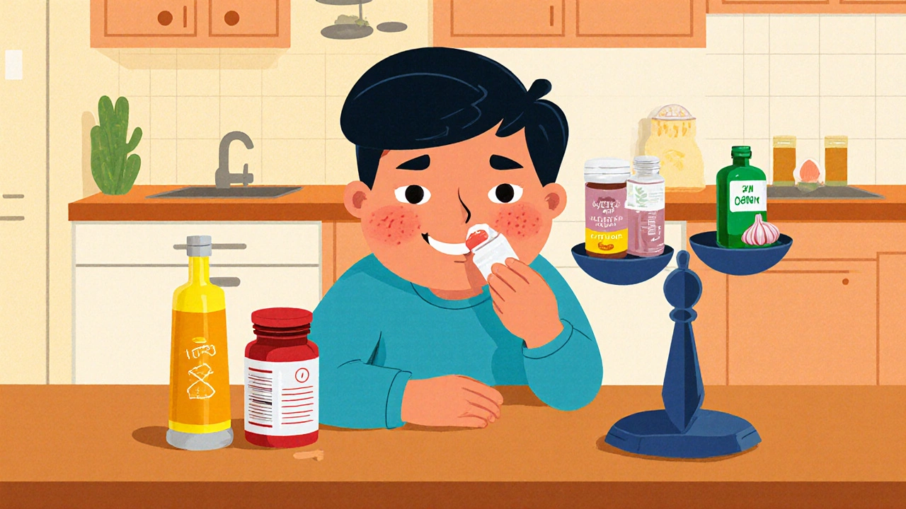 Individual applies lemon‑balm cream to a lip while a scale balances a prescription bottle against natural supplements.