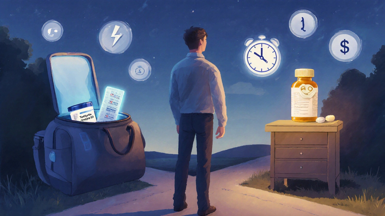 Man at a dusk crossroads choosing between a travel strip and a tablet bottle.