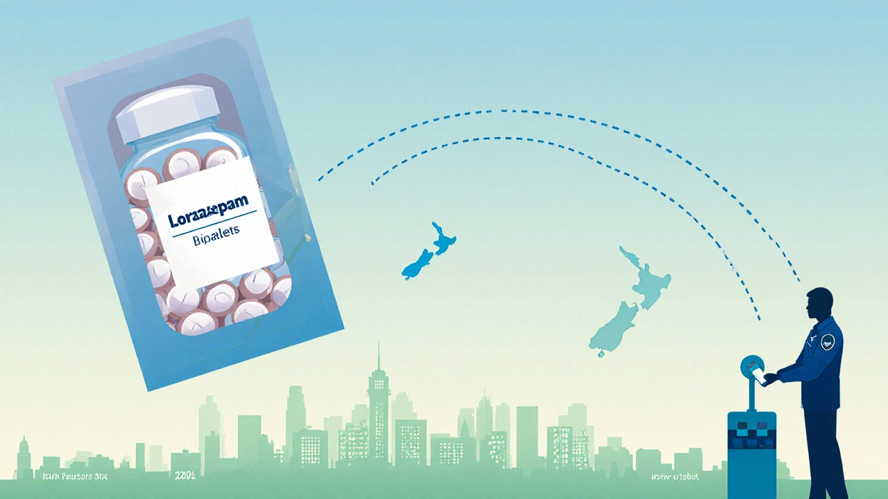 Package with lorazepam tablets being cleared through customs en route to New Zealand.