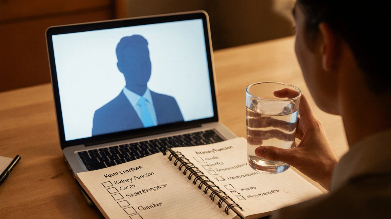 Patient reviewing medication choices with notebook and doctor on laptop, sipping water.