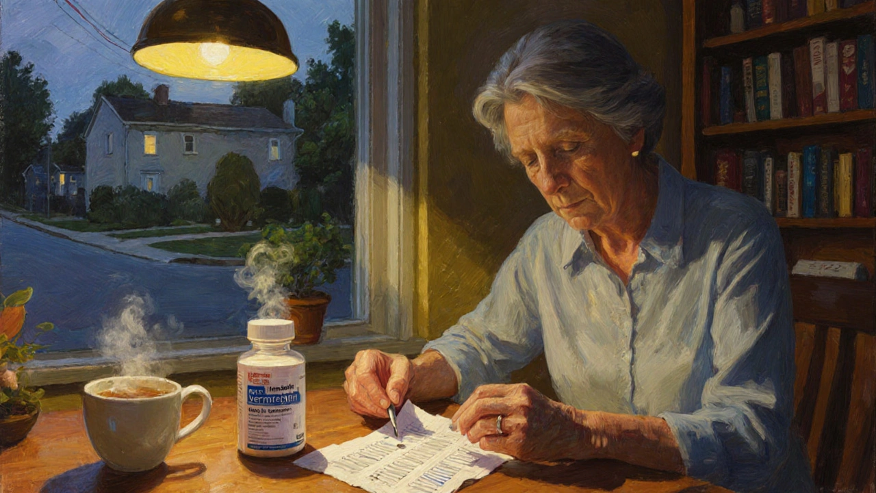 Person at kitchen table reviewing checklist beside ivermectin bottle, warm lighting.