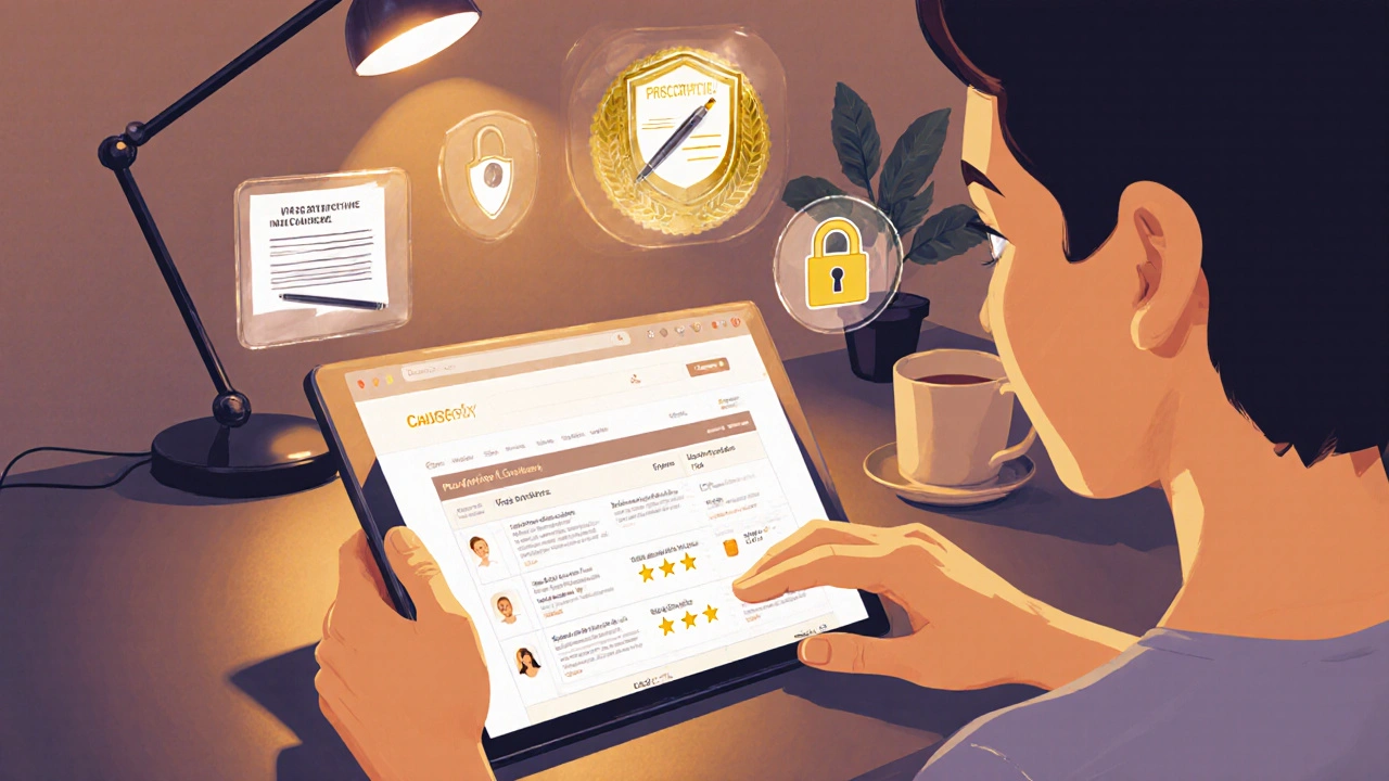 Person checking online pharmacy on tablet, surrounded by icons for license, prescription, security, and reviews.