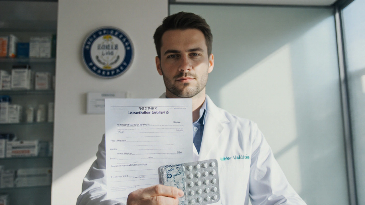 Pharmacist reviewing a prescription and sealed lorazepam bottle in a clean pharmacy.