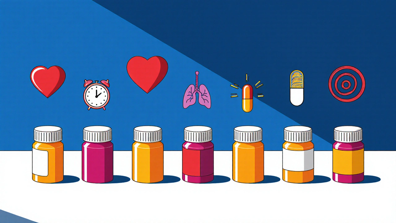 Row of colorful pill bottles each with floating icons for heart, clock, lungs, and vessels.