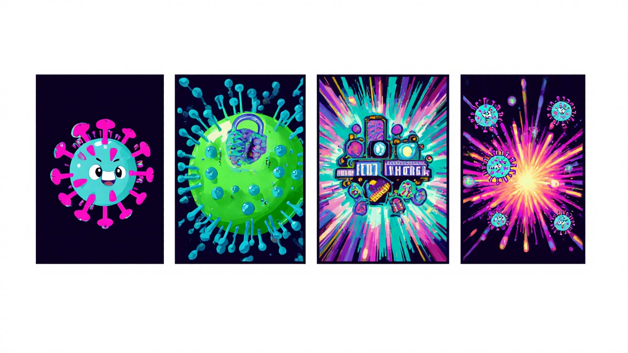 Sequential cartoon of virus attaching, replicating, and exiting a cell.