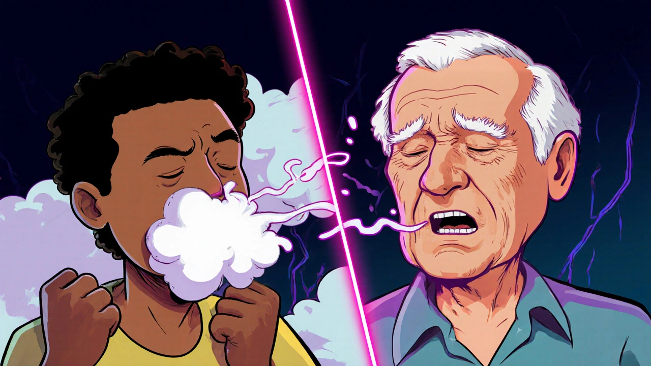 Side‑by‑side comparison of strong youthful sneeze versus weak elderly sneeze.