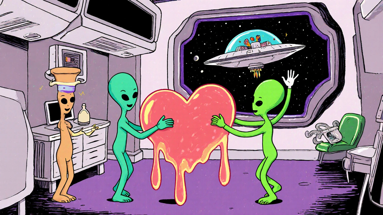 Silicone medical devices hugging a glowing heart in a surreal operating room