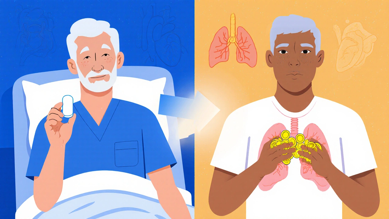 Split scene comparing a patient taking one torsemide pill versus multiple furosemide pills.
