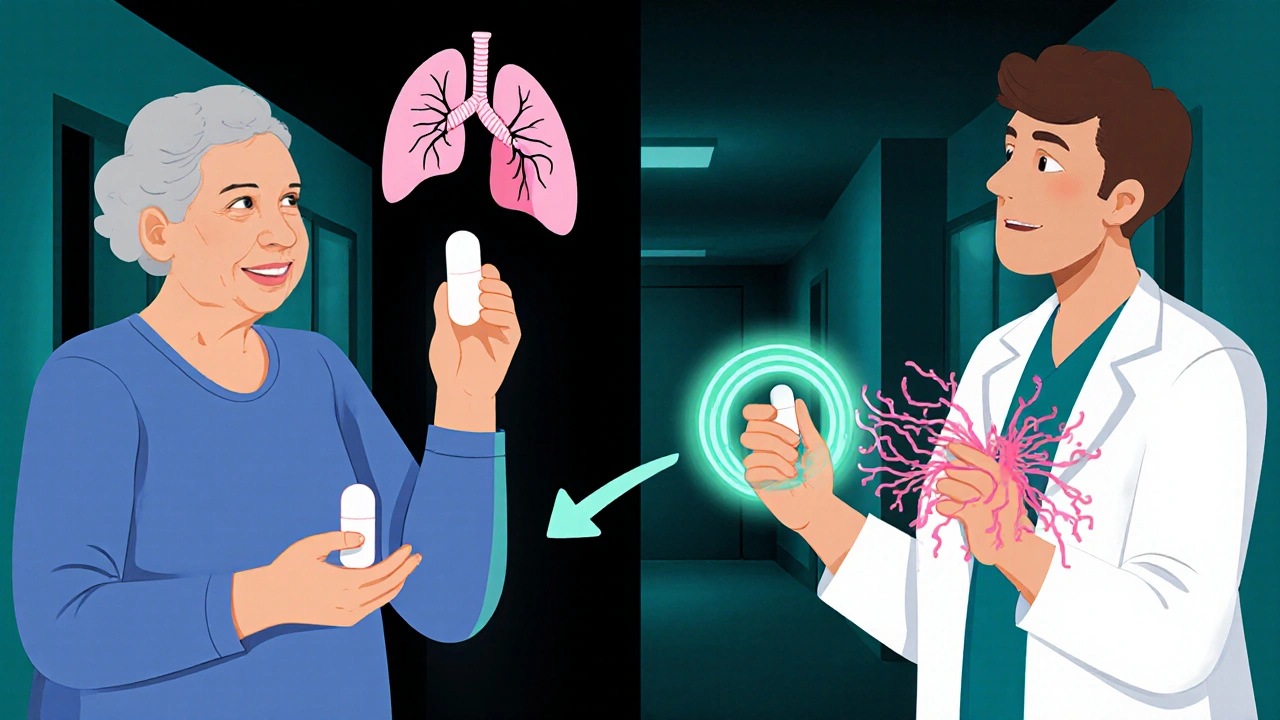 Split scene showing a COPD patient with bisoprolol and a heart‑failure patient with carvedilol, linked by an arrow.