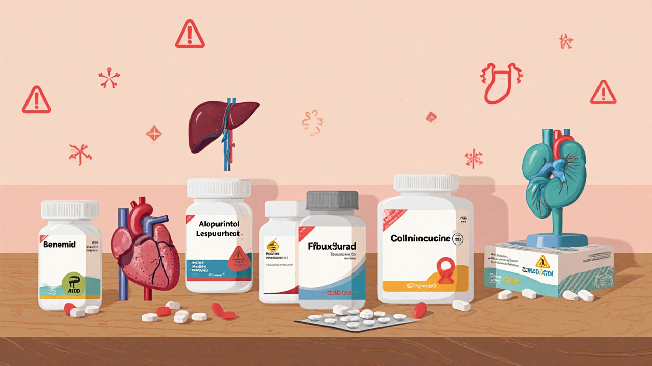 Table with various pill bottles, liver, heart, and kidney models illustrating gout drug comparison.