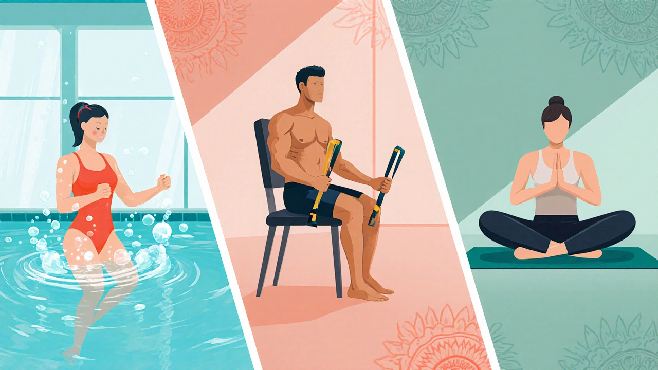 Three-panel illustration showing water aerobics, resistance‑band strength training, and yoga for arthritis.