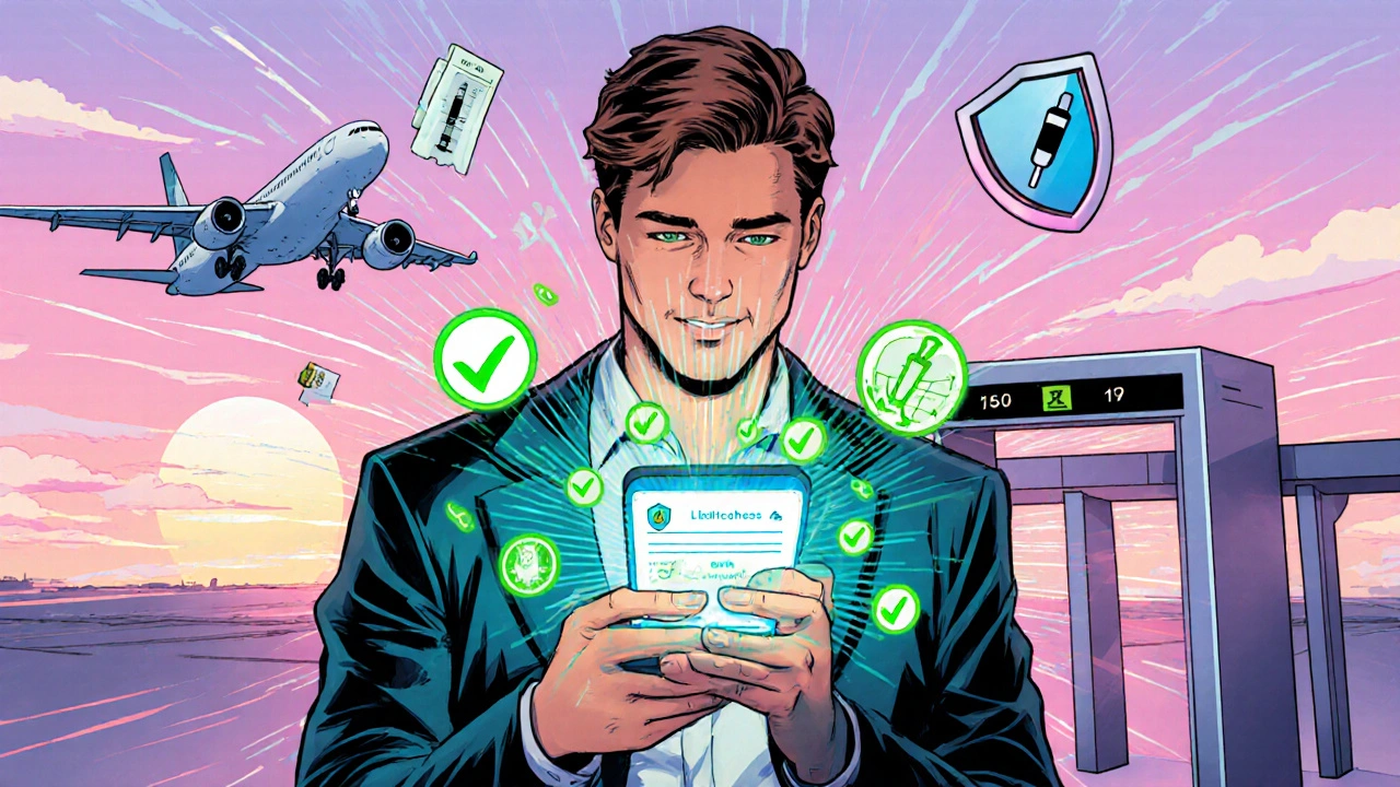 Traveler using a digital health passport kiosk, green checkmark, upbeat comic illustration.