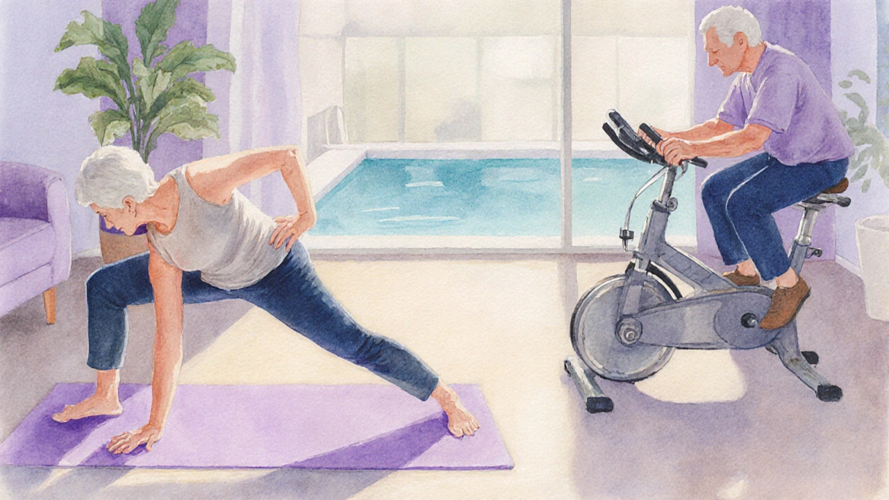 Watercolor of a couple exercising at home with yoga, a stationary bike, and a view of a pool.