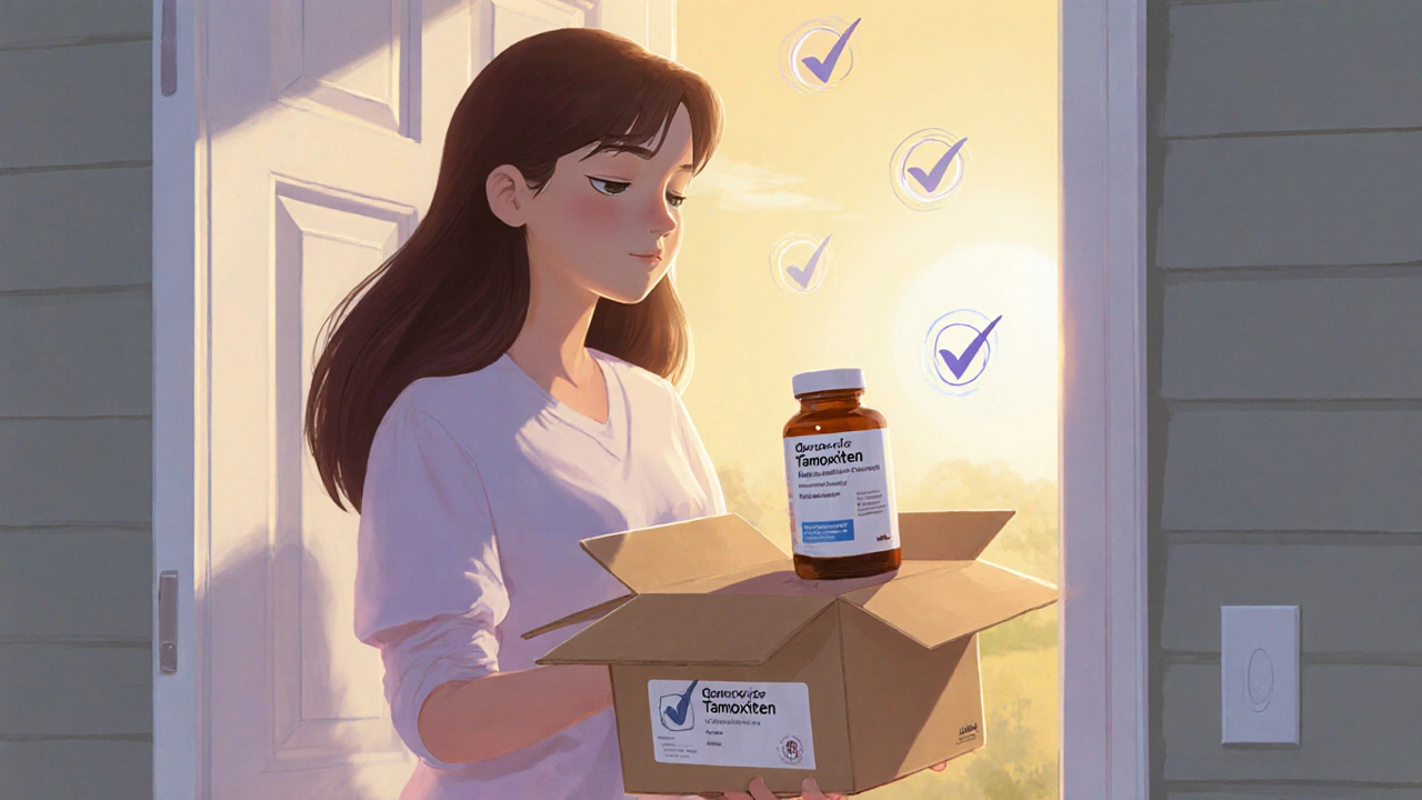 Woman opening a delivery box with a generic tamoxifen bottle, sunrise in background.