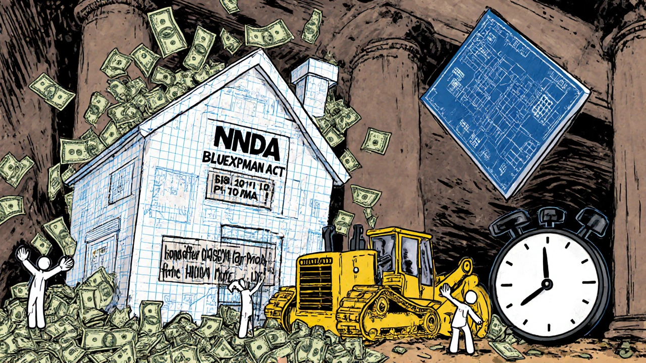 A cartoon courtroom where a brand-name house is being torn down as an ANDA blueprint rises, with scientists celebrating.