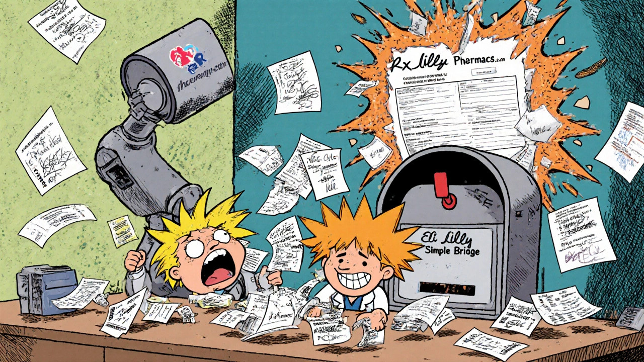 A chaotic pharmacy scene with flying documents and a giant RxHope mailbox, while a robotic arm offers a simplified form.