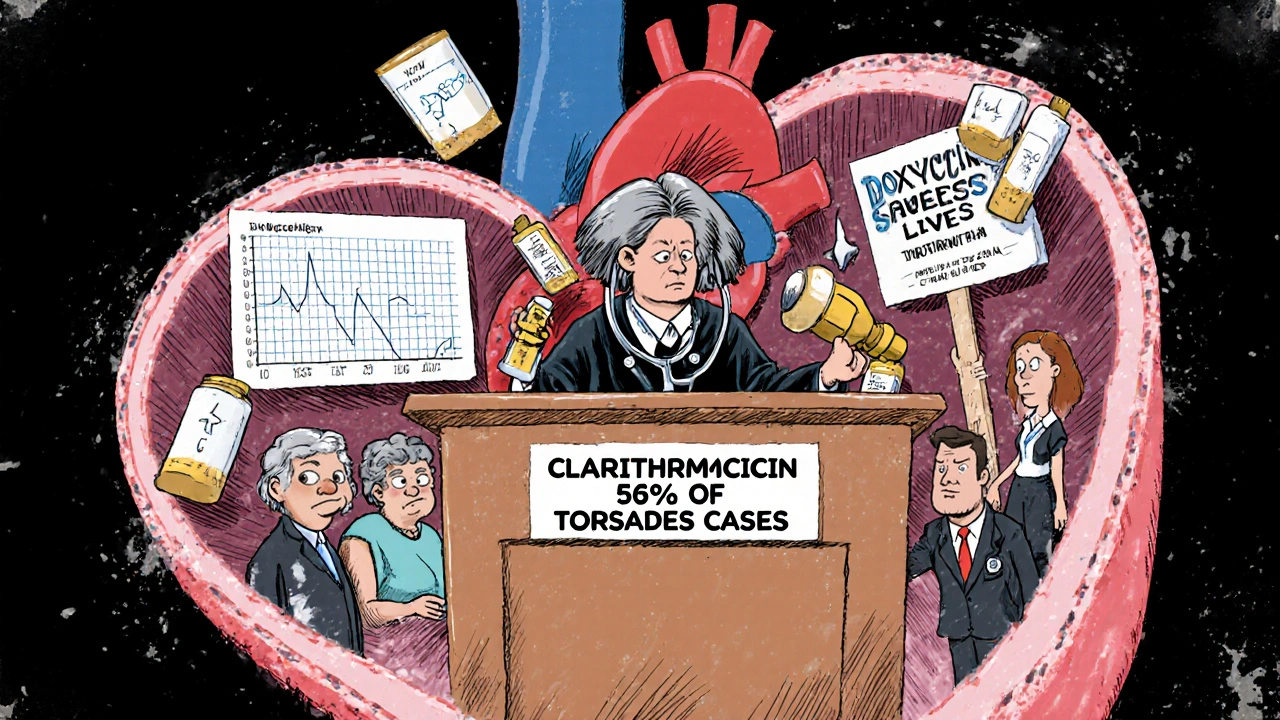A courtroom inside a heart where clarithromycin is on trial surrounded by risk factors.