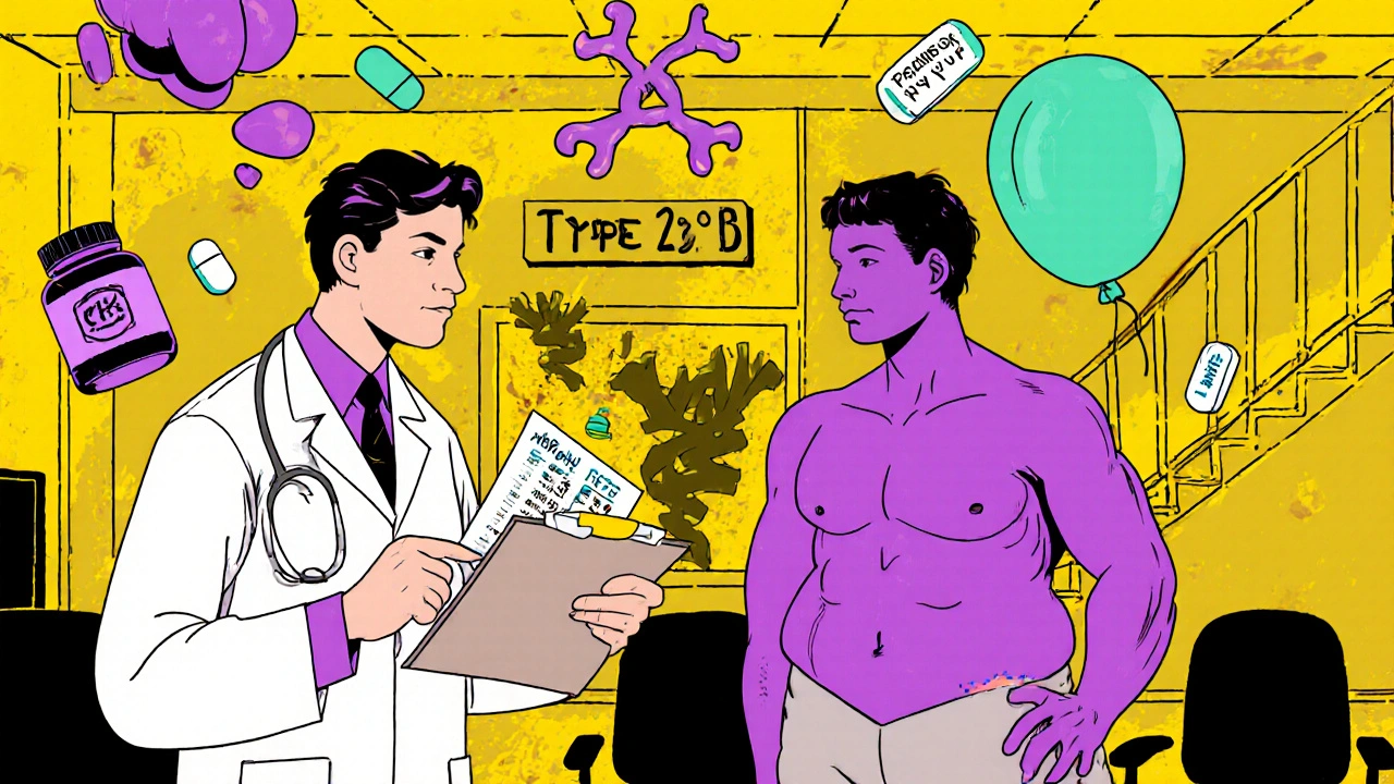 A doctor showing normal blood test results while a patient&#039;s hips and shoulders deflate like balloons.