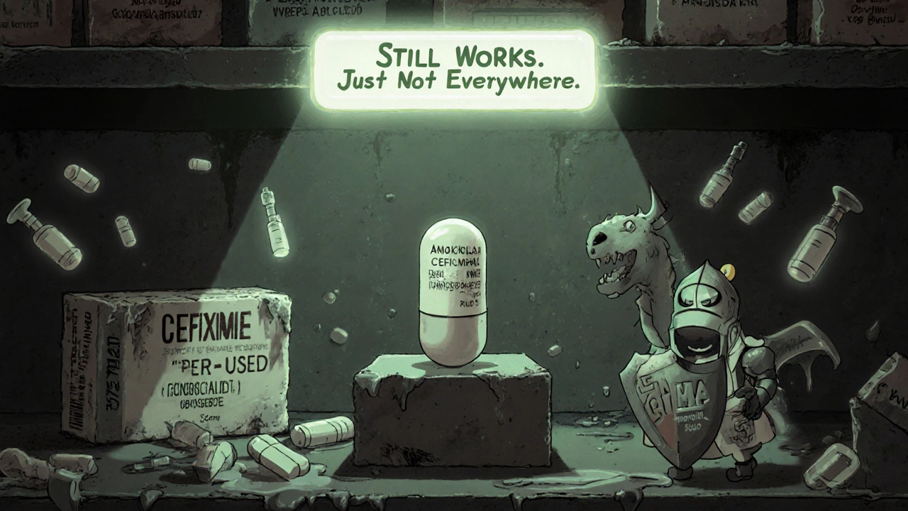 A lone cefixime pill on a shelf among obsolete antibiotic boxes in a dim pharmacy