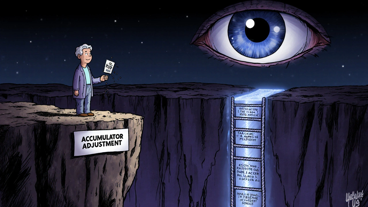 A Medicare patient on a cliff, watching a PAP coupon crumble, as a foundation offers a ladder made of success stories.