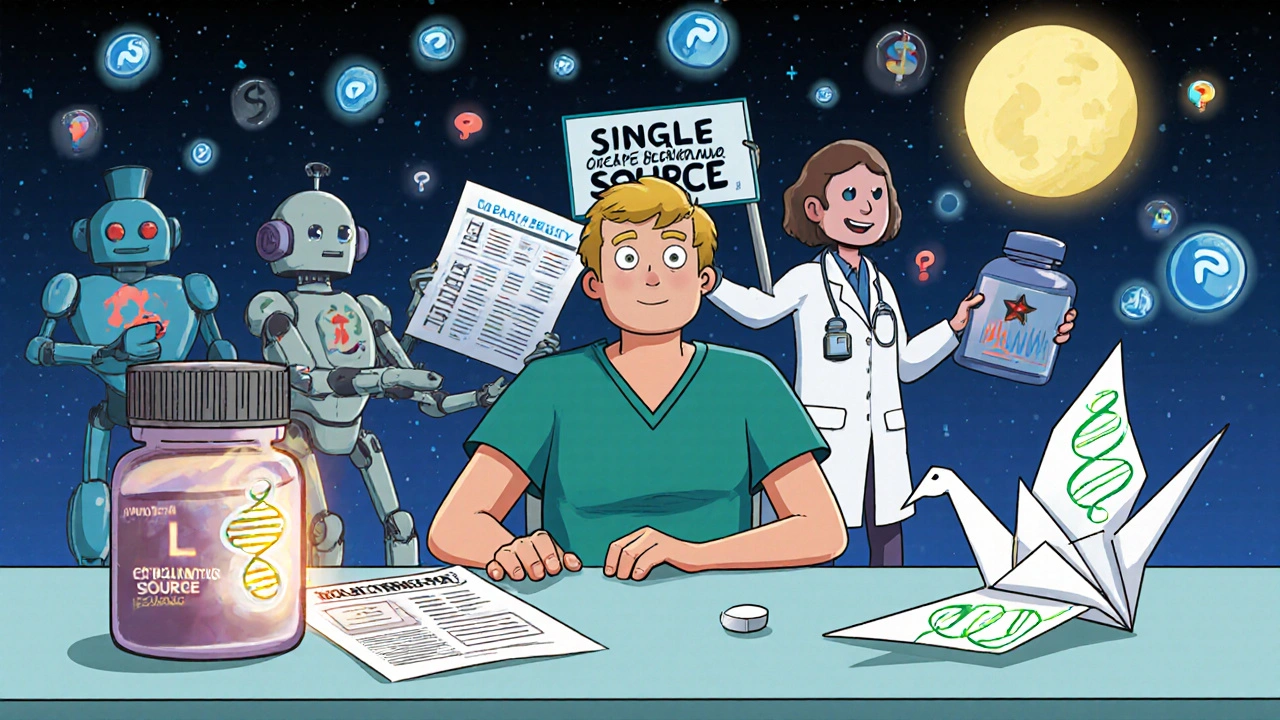 A patient at a kitchen table with genetic testing and extended-release pill, doctors and insurance robots fighting over meds under a heartbeat moon.