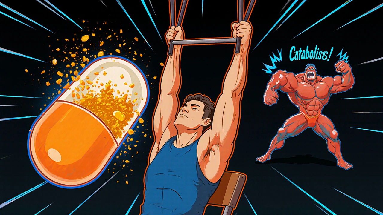 A person doing a chair stand with glowing muscles, fighting a &#039;Catabolism&#039; monster as a steroid pill crumbles.