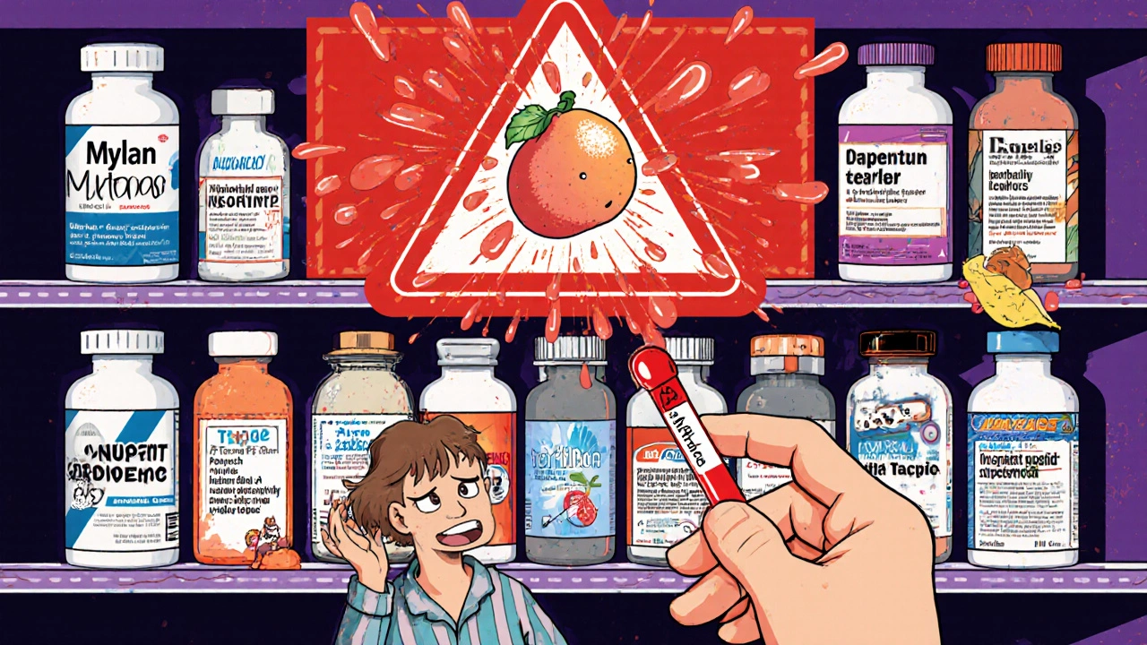 A pharmacy shelf with 14 bizarre generic drug bottles as a patient holds a warning blood test, grapefruit juice splattering labels in a surreal cartoon scene.