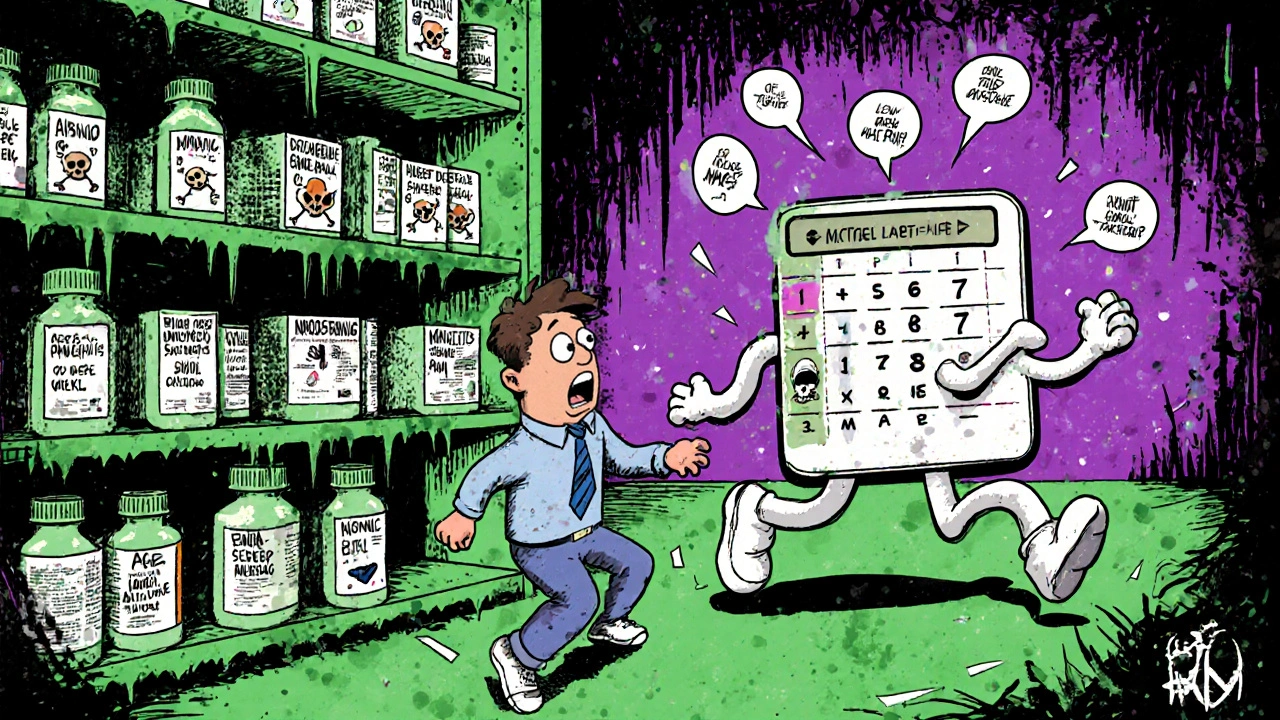 A pharmacy shelf with dangerous antibiotic icons and a running QT Risk Score calculator.