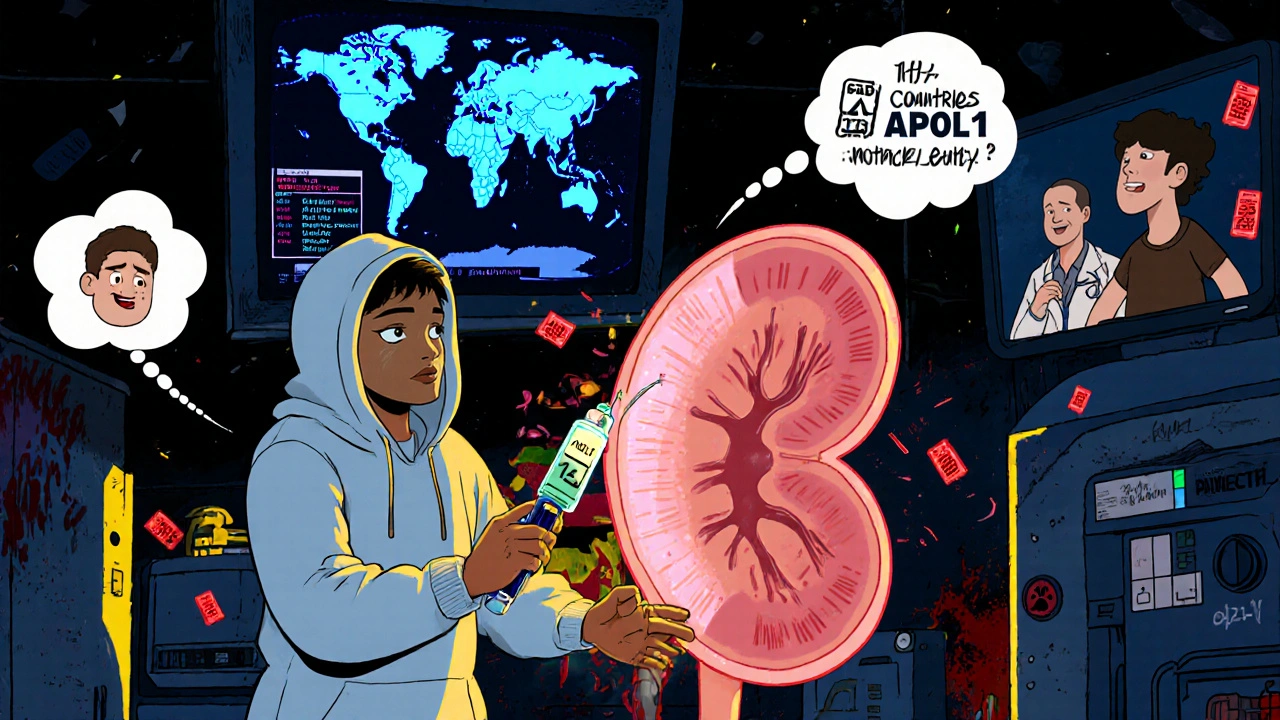 A scientist injecting a drug into a crying kidney while a global map shows limited testing access in cartoon style.