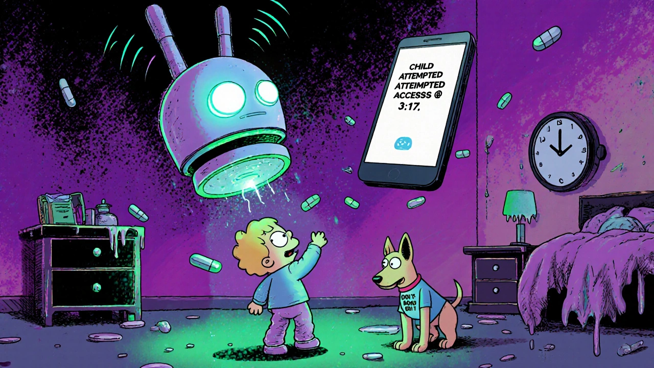 A smart medicine cap glows with notifications as a child reaches for it in a surreal, glitchy bedroom.