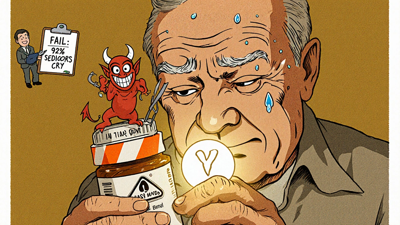 An elderly person strains to open a medicine cap as a cartoon devil encourages them to cut it open.